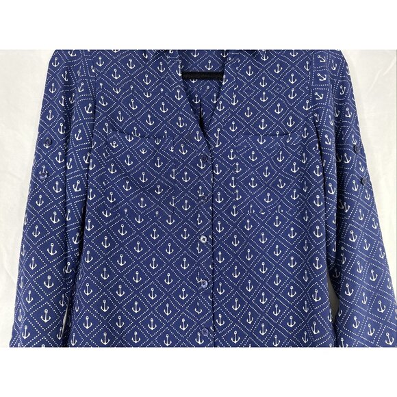 Express Portofino Shirt Womens Size XS Navy Blue Anchor Long Sleeve Roll Tab - Picture 3 of 14